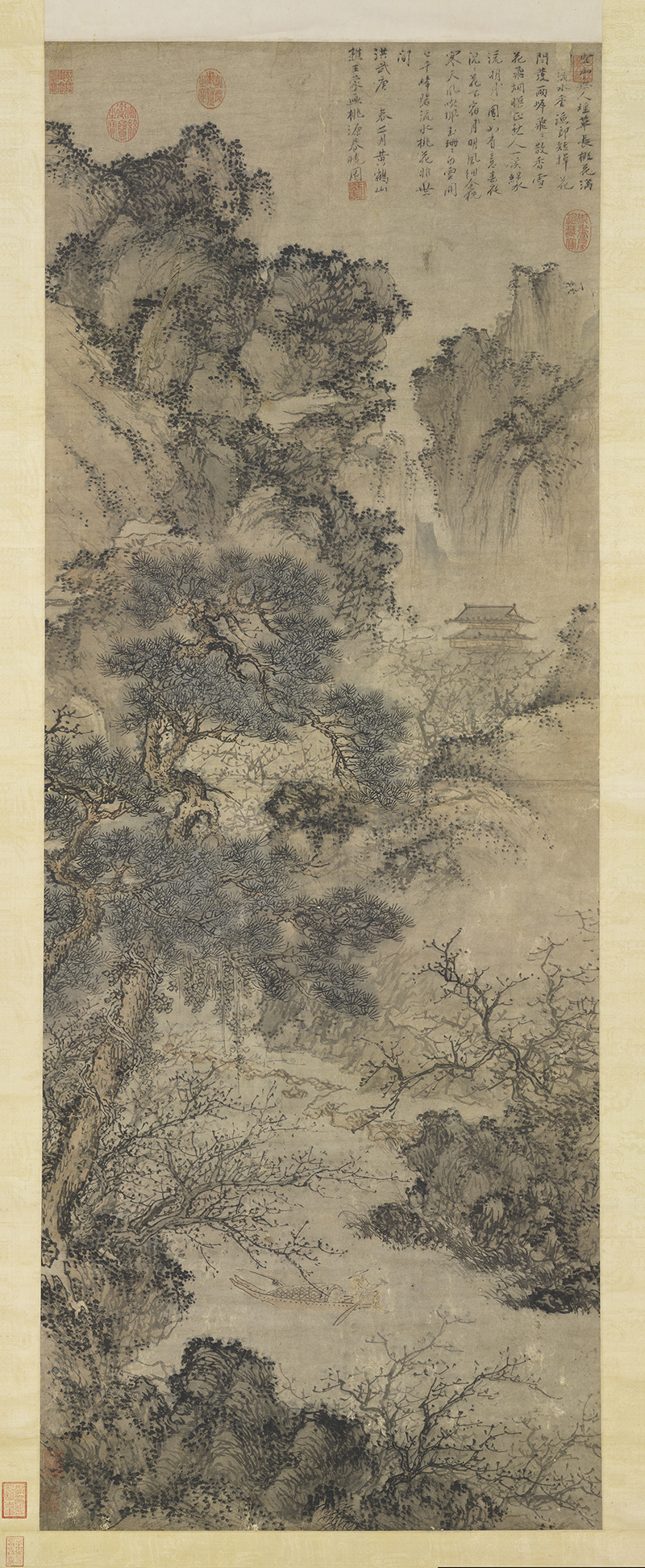 王蒙桃源春晓图轴元朝古代水墨山水绘画打印高清电子版大图片素材 - 图1