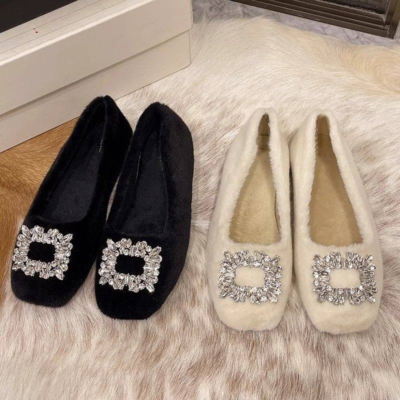 温柔水钻方头外穿毛毛鞋女2024冬季新款一脚蹬加绒软底豆豆鞋单鞋,淘宝优惠券,粉丝福利购,淘宝优惠卷