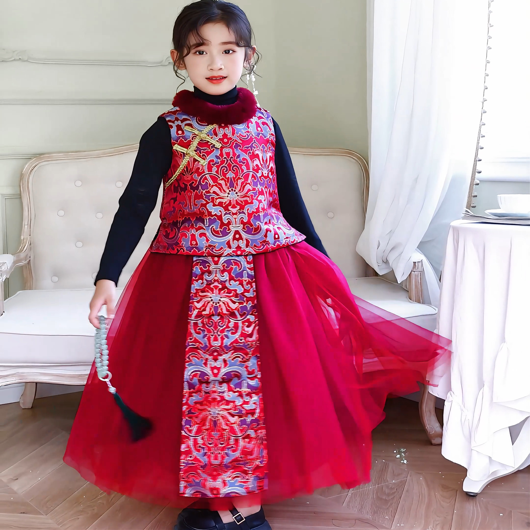 童装女童秋冬新款红色中式绣花马面裙新年衣服马甲背心半身裙套装,淘宝优惠券,粉丝福利购,淘宝优惠卷