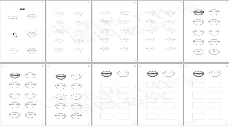 唇部练习册 彩妆素描图模板 化妆纸妆图 唇形唇线 妆面手绘美图纸
