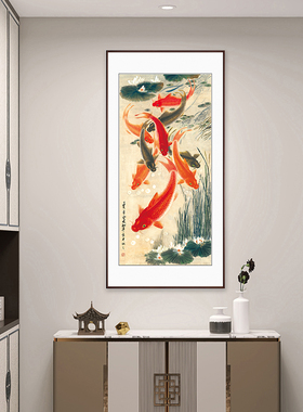 国画牡丹九鱼图玄关花鸟画竖幅新中式客厅过道走廊挂画壁画新中式