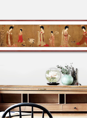 国画簪花仕女图客厅沙发背景墙画