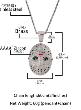 嘻哈铜镶锆石万圣节恐怖面具项链黑色星期五电锯惊魂面具潮流吊坠