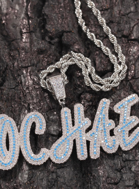 欧美DIY定制英文字母个性吊坠海蓝锆石拼色双层草体嘻哈情侣项链