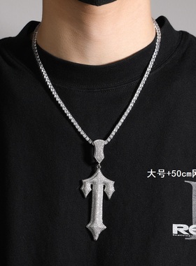 铜镶锆石男宝剑项链十字架吊坠