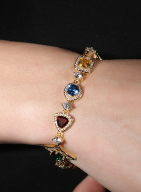 夏季新款铜镶彩色锆石嘻哈男项链轻奢混合形状彩钻女锁骨链潮手链