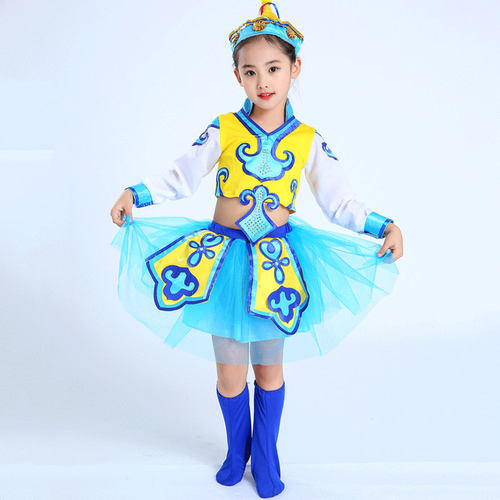 新马蹄哒哒儿童表演服民族蒙族女童筷子舞蹈服幼儿蒙古舞服装纱裙 - 图1