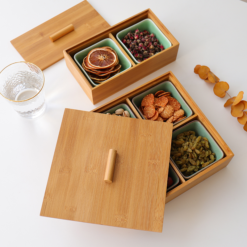 中式竹木简约陶瓷干果零食分格盘青瓷创意客厅糖果坚果收纳盒带盖 - 图2