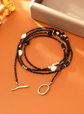 天然淡水珍珠黑色水晶多层毛衣链