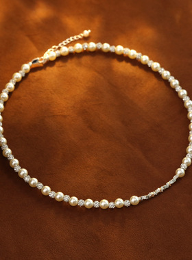 法式爆闪小球施家珍珠项链气质高级感百搭锁骨链碎银子独特毛衣链