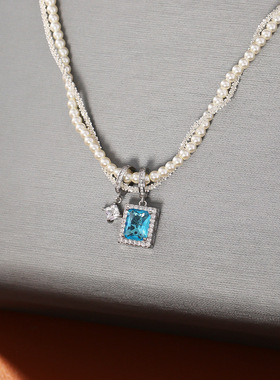 双层缠线方糖锆石吊坠锁骨链