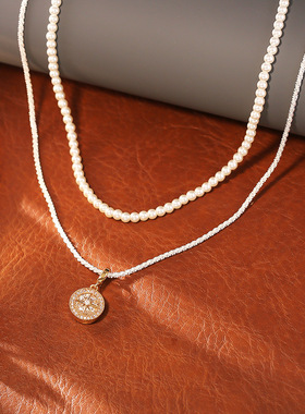 幸运八芒星吊坠项链双层缠绕珠珠链项饰女时尚感锁骨链