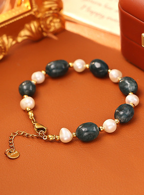 天然淡水珍珠墨绿玉石手链高级感轻奢时尚手串简约小众设计感手饰