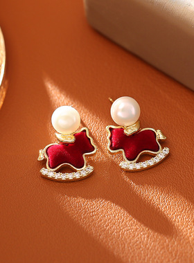 马上好运红色植绒锆石吊坠项链新国潮生肖小马红珠子新年款耳钉女