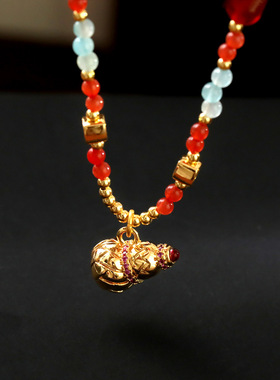 新年红色碧玺葫芦吊坠项链国潮民族风红绳毛衣链马年纳福招财颈链