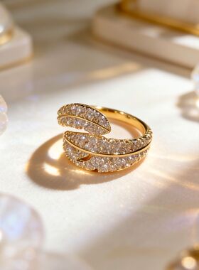 轻奢满钻锆石羽毛开口可调女戒