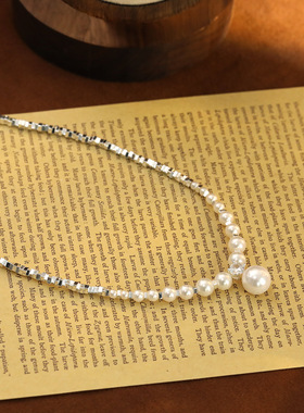 施家澳白珍珠碎银子项链戴妃同款水滴珍珠毛衣链锁骨气质毛衣链