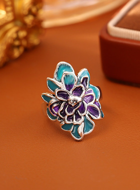 新国潮珐琅彩牡丹开口戒指