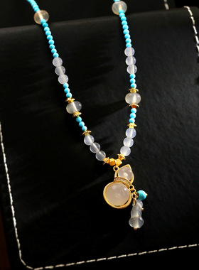 新中式复古粉玉髓葫芦毛衣链