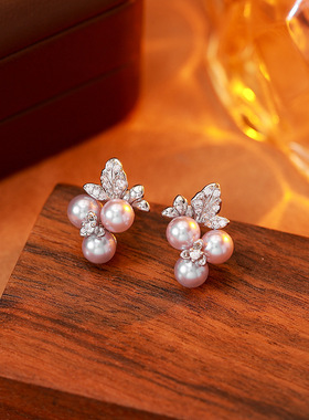 银色微镶葡萄珍珠项链耳钉套装