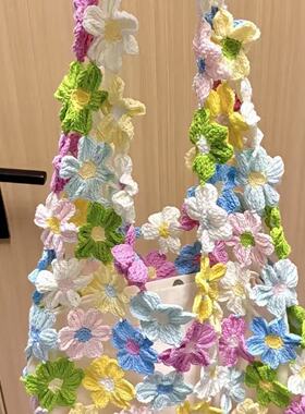 手工钩织彩虹花片拼接镂空单肩包diy材料包自制大包礼物送女友.