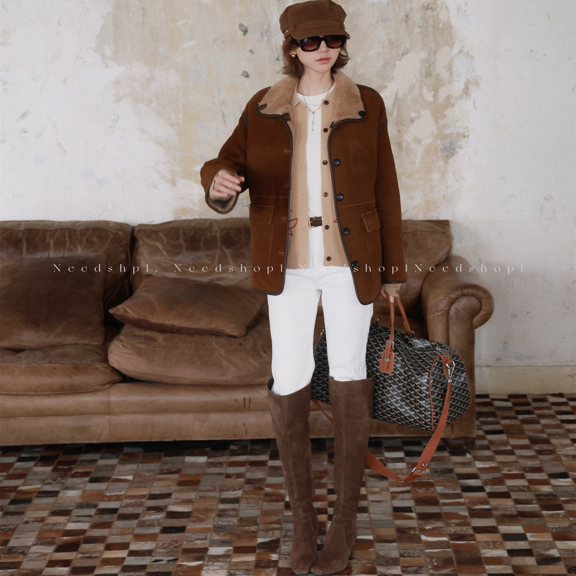 NeedShop1 卡其色刺绣设计款简约polo领绵羊毛针织开衫,淘宝优惠券,粉丝福利购,淘宝优惠卷