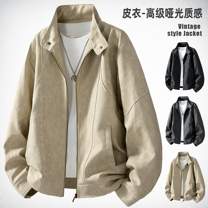 2025秋冬季美式复古绒感夹克夹克男皮衣男潮牌拉链设计外套机车服,淘宝优惠券,粉丝福利购,淘宝优惠卷