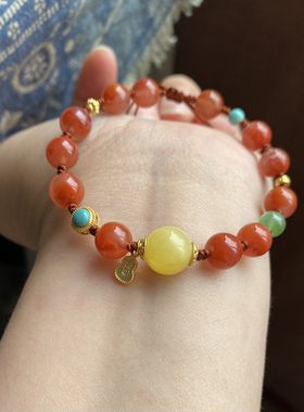 天然保真南红手绳手链手工编绳碧玉圆珠蜜蜡配饰闺蜜本命年礼物