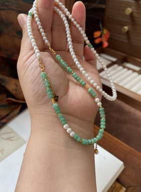 天然淡水珍珠翡翠项链锁骨链新中式国风毛衣链