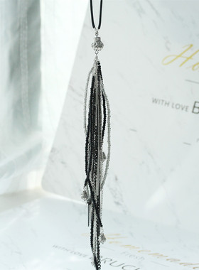 欧美串珠重工混合材质长款毛衣链