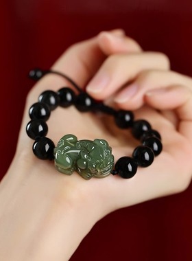 普陀山貔貅手链和田玉手串黑曜石手绳附身符本命年礼物属龙送男友