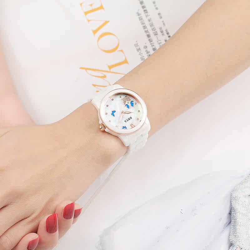 罗比亚山茶花石英陶瓷白色学生女表 峰浪国产腕表