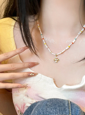 夏日项链女生甜酷彩色串珠竹节配饰锁骨链高级感多巴胺小蘑菇颈链
