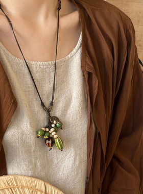 复古海棠果陶瓷项链新中式女民族风长款毛衣链百搭小众设计颈链