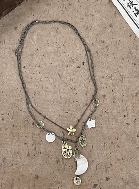 中古项链女高级设计感小众百搭双层月亮锁骨链复古中式颈链潮项链