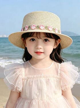 新款小清新花朵草帽夏季女孩渔夫防晒帽亲子款宝宝海边沙滩遮阳帽