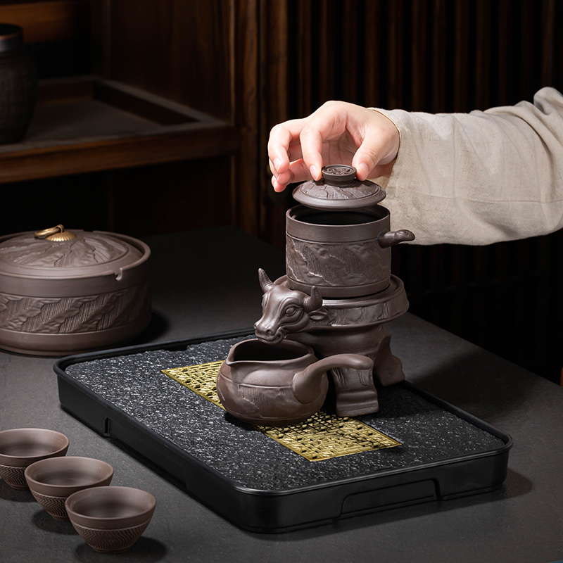 紫砂功夫茶具套装家用石磨旋转出水冲茶器泡茶壶懒人自动泡茶神器-图2