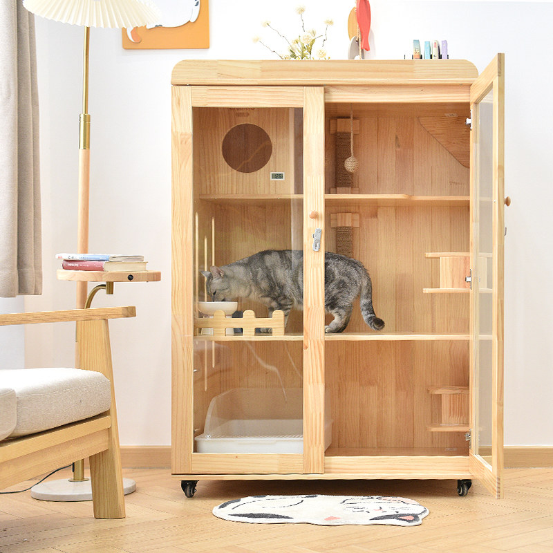 环保实木宠物猫别墅家用室内猫屋豪华玻璃房子空间三层猫舍猫笼子_虎窝淘