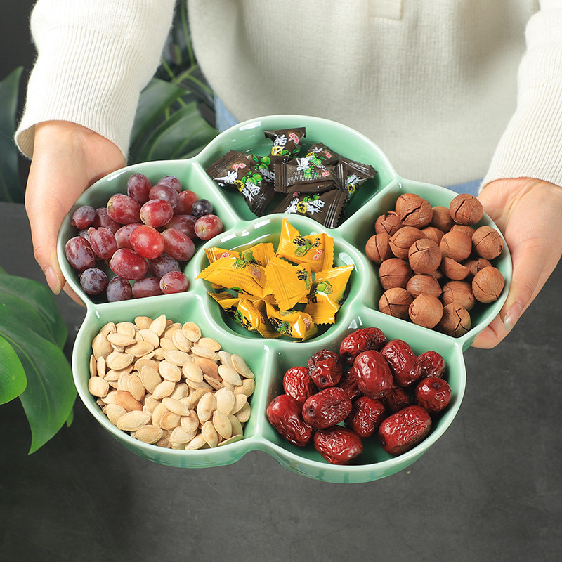 龙泉青瓷多格果盘家用陶瓷零食盘创意早餐盘子分格水果盘花型盘子