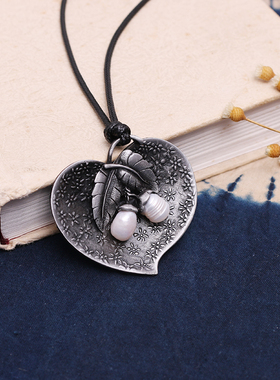 原创复古个性珍珠叶子吊坠项链胸针两用文艺长款项链女配饰毛衣链