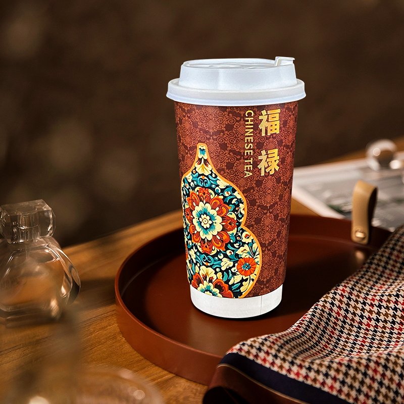 一次性奶茶纸杯子商用带盖加厚网红奶茶店专用烫金国风咖啡杯定制,淘宝优惠券,粉丝福利购,淘宝优惠卷