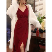 EIA Yiyao (sister came) New Chinese retro style hanging neck one-piece dress lady autumn and winter knit sweaters Two sets