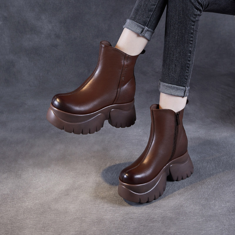 秋冬新款真皮小个子超高跟头层牛皮短靴女松糕厚底内增高马丁靴女,淘宝优惠券,粉丝福利购,淘宝优惠卷