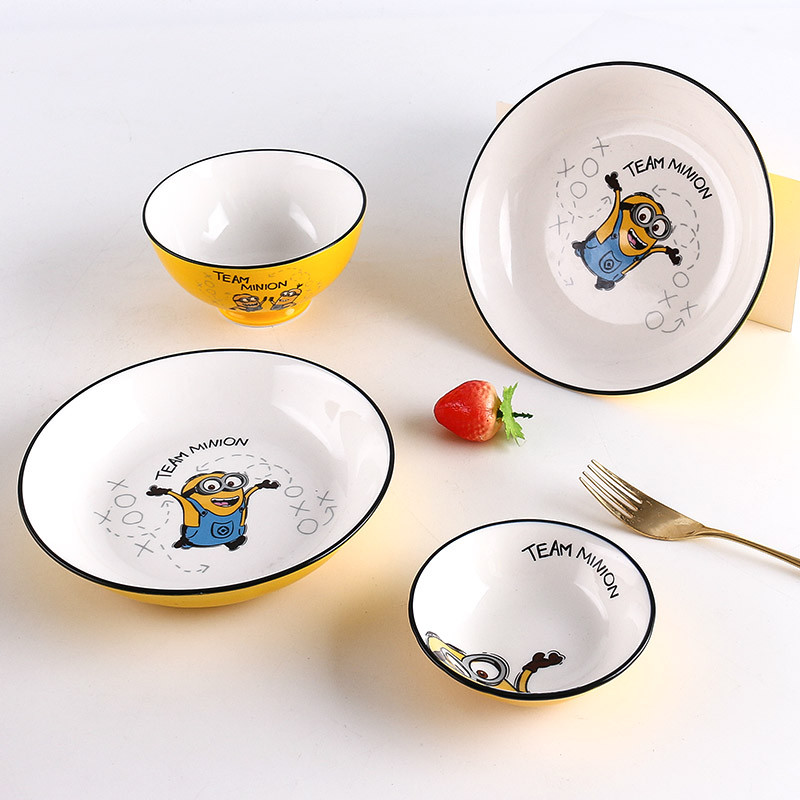 小黄人餐具儿童碗陶瓷家用盘子面碗儿童卡通饭碗餐盘黄色碗陶瓷碗 - 图1