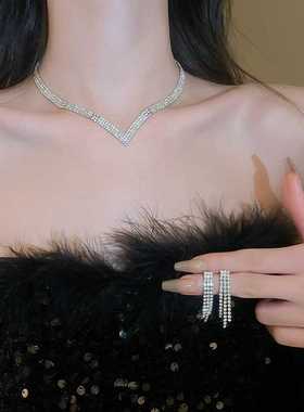 欧美夸张满钻流苏锁骨链复古气质优雅宴会礼服奢华项链女新娘配饰