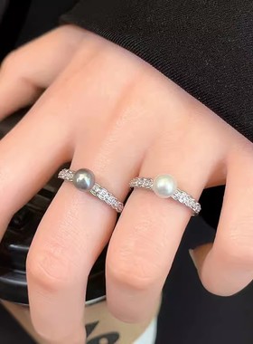 锆石珍珠开口可调节戒指女新款小众设计简约食指戒轻奢高级感指环