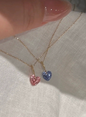 日常通勤冰清蓝爱心粉钻心形项链