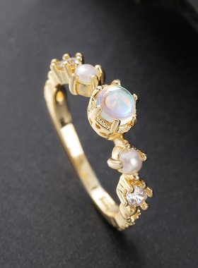 月光石珠珠戒指白色月光金色森系