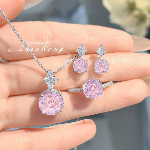 有米【八角玫瑰切彩宝套装】粉钻香槟钻苹果绿吊坠项链戒指耳钉 - 图1