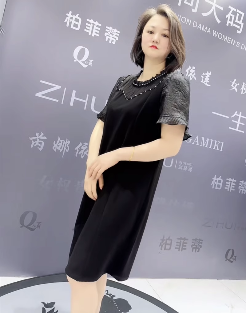 夏季新款芮娜依莲7731气质连衣裙加大码女装胖妹妹宽松显瘦短袖裙 - 图2